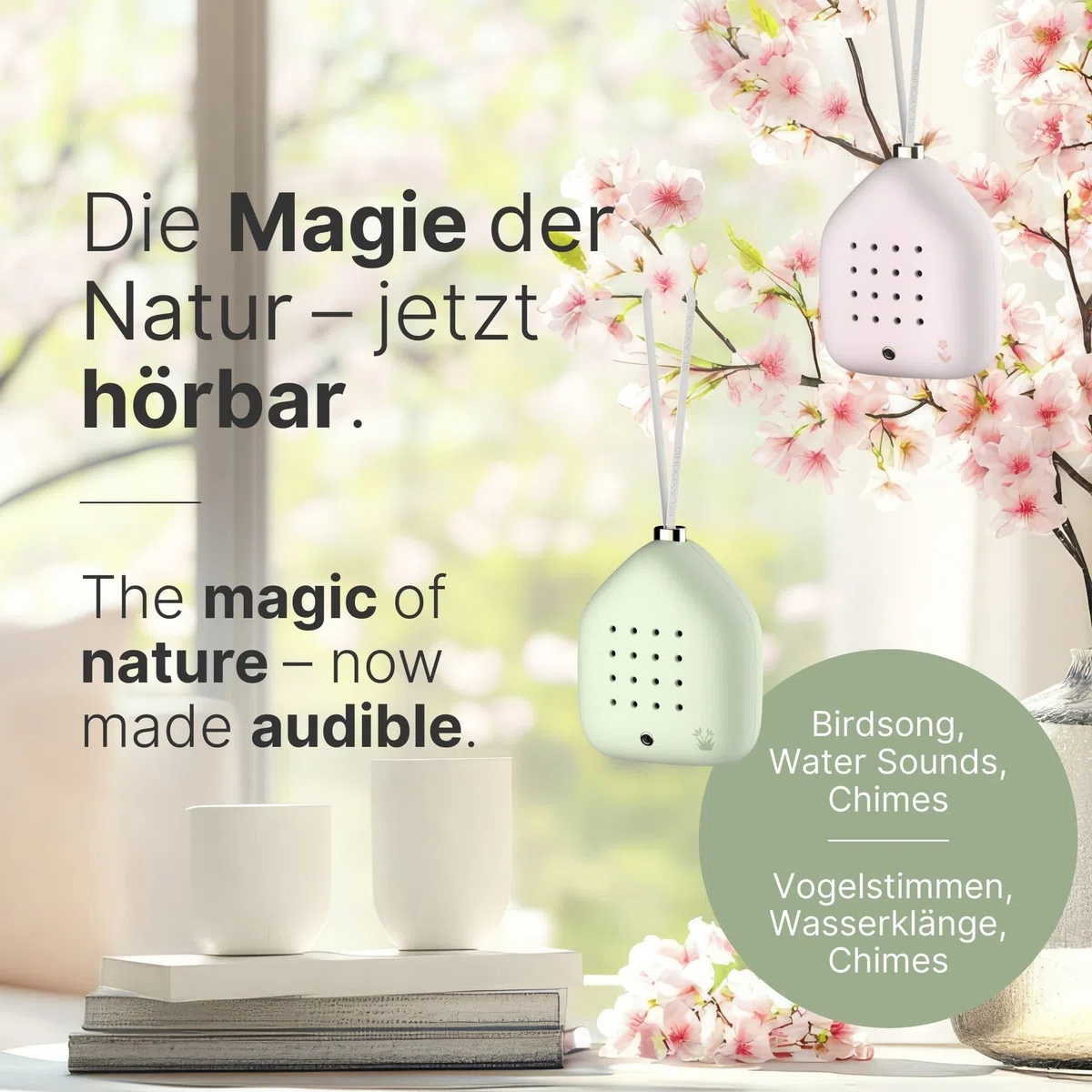 RELAXOUND Lily Bells – Dekorativer Klanghänger mit Bewegungsmelder, sanftes Vogelgezwitscher, Chimes & Wasserklänge – Entspannung für Zuhause, stilvolle Geschenkidee - Mossling - Grün (Pastell-Grün)