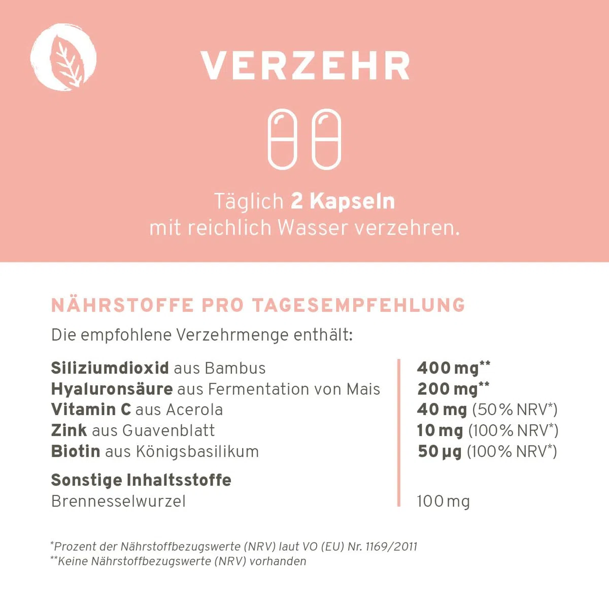 Natürlicher Haut, Haare & Nägel Komplex mit Haar-Vitamin Biotin, Zink (Zinkbisglycinat), Hyaluronsäure (500-700 kDa), Bambus (Silizium), Brennesselsamen, Hagebutte (VitaminC) + Vitamin E. 60 Kapseln.