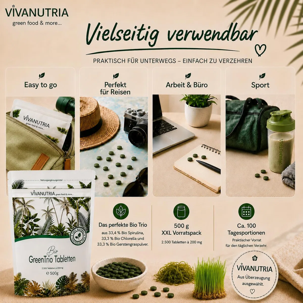 VivaNutria Bio Green Trio Presslinge 500g | aus kontrolliert biologischem Anbau I 2500 Tabletten aus Spirulina Chlorella & Gerstengras I ohne Zusätze I Rohkostqualität I vegan