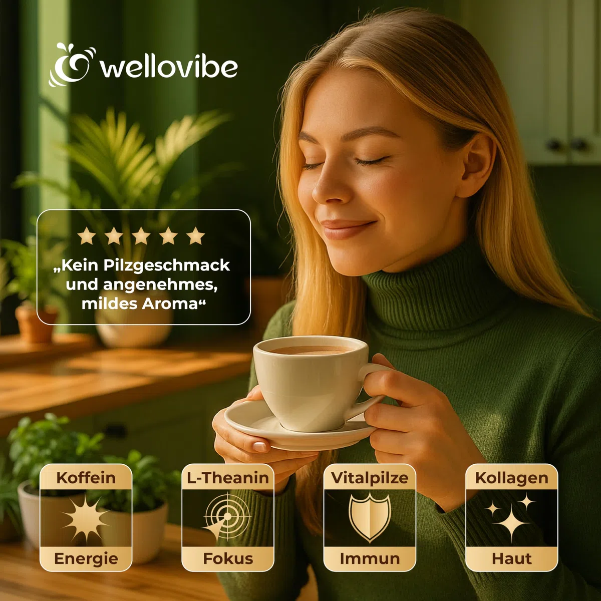 Mushroom Coffee mit Kollagen & L-Theanin - Adaptogener Pilzkaffee mit Löwenmähne, Cordyceps, Chaga & Reishi Pilzpulver für Fokus, Energie & Konzentration, 180 g