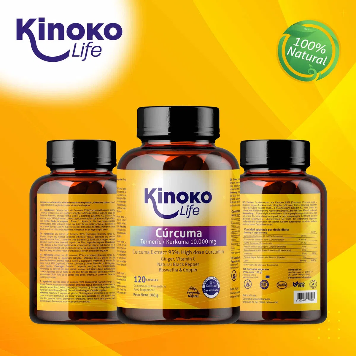 KURKUMA 10000 mg REINES CURCUMIN | 120 Kapseln | 95% Extrakt | Ingwer, schwarzer Pfeffer, Boswellia, Vitamin C und Kupfer | Hoch absorbierend | Entzündungshemmend für Ihre Gelenke