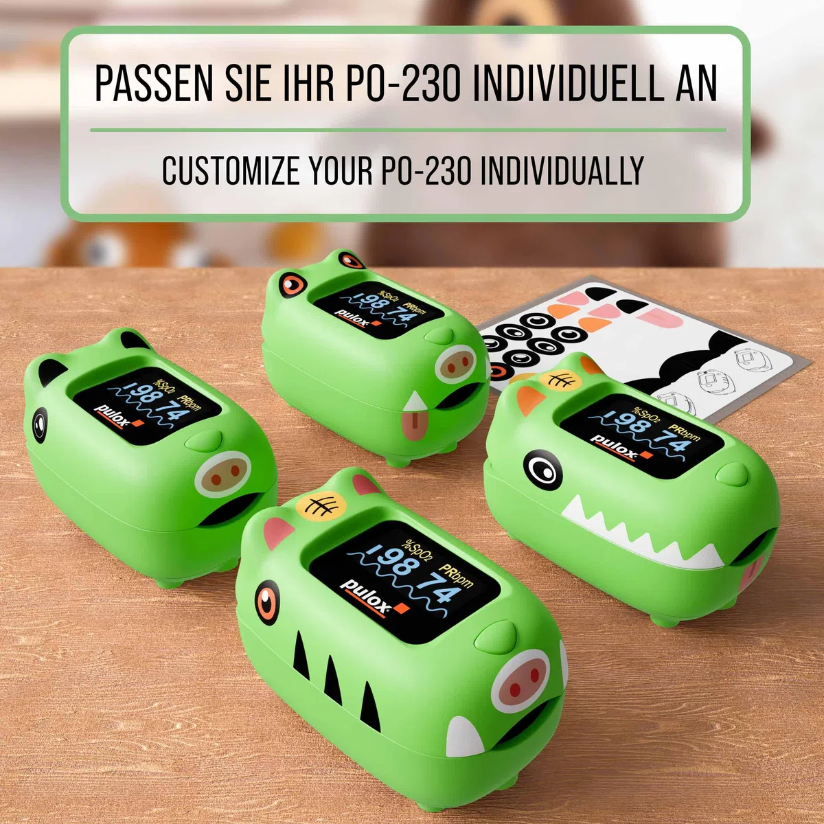 Pulox PO-230 Kinder Pulsoximeter Grün zur Messung von SpO2 und Puls | Misst Sauerstoffsättigung und Herzfrequenz in wenigen Sekunden, inklusive Sticker zum individuellen Bekleben und Gestalten