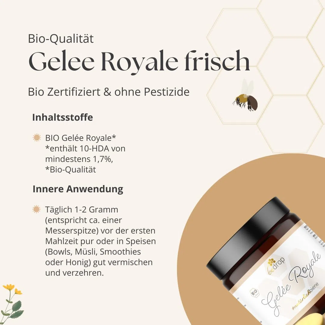 bedrop Bio Gelée Royal frisch & pur 100g in Bio Qualität I 10-HDA Gehalt >1,7% - 100% natürliche Bienenmilch - Frisches Gelee Royale vom Imker