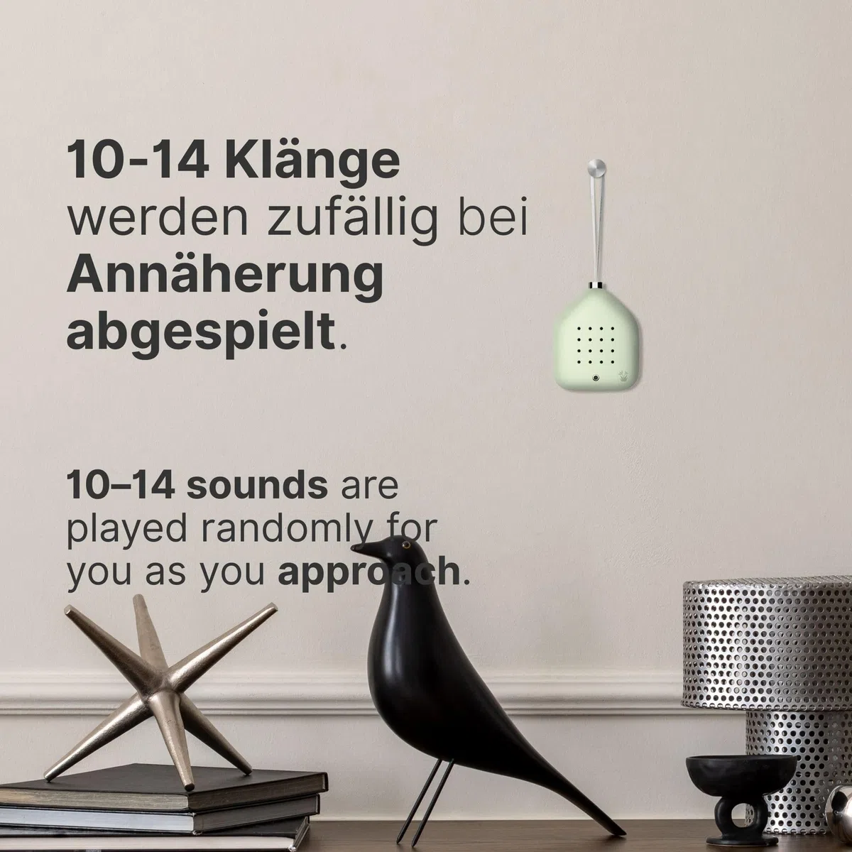 RELAXOUND Lily Bells – Dekorativer Klanghänger mit Bewegungsmelder, sanftes Vogelgezwitscher, Chimes & Wasserklänge – Entspannung für Zuhause, stilvolle Geschenkidee - Mossling - Grün (Pastell-Grün)
