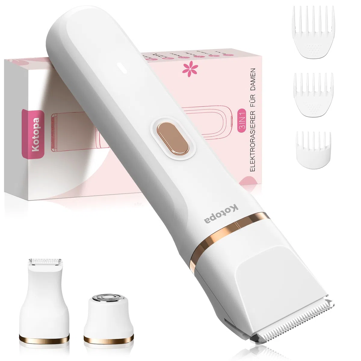 Kotopa Intimrasierer für Frauen, Elektrischer Rasierer Damen mit 3 Aufsätzen, kabelloser und wiederaufladbarer Trimmer Damen für Intimbereich, Gesicht und Beine, Hautschonend & sanft (Weiß)