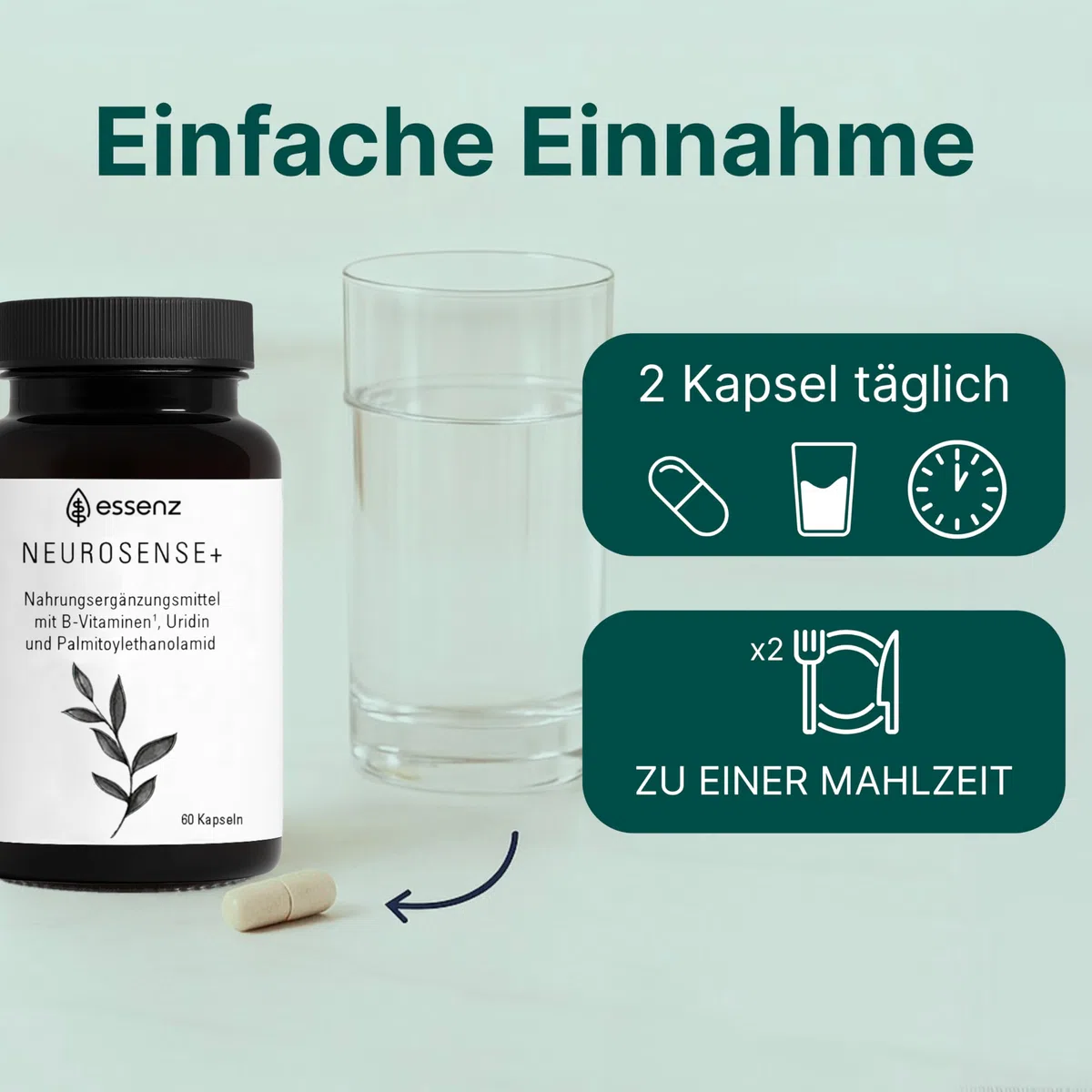 ESSENZ - Neurosense+ 60 Kapseln - Zur Unterstützung der normalen Zell- und Nervenfunktion. Natürliche Kapseln mit Folsäure sowie Vitamine B6 & B12. Made in Germany