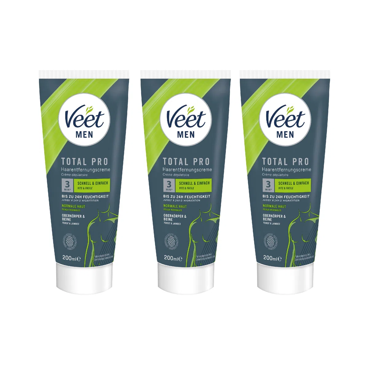 Veet Men Haarentfernungscreme für Oberkörper & Beine - Enthaarungscreme für Männer, Haarentfernung in 5-10 Minuten - 3 x 200 ml Tube & Spatel