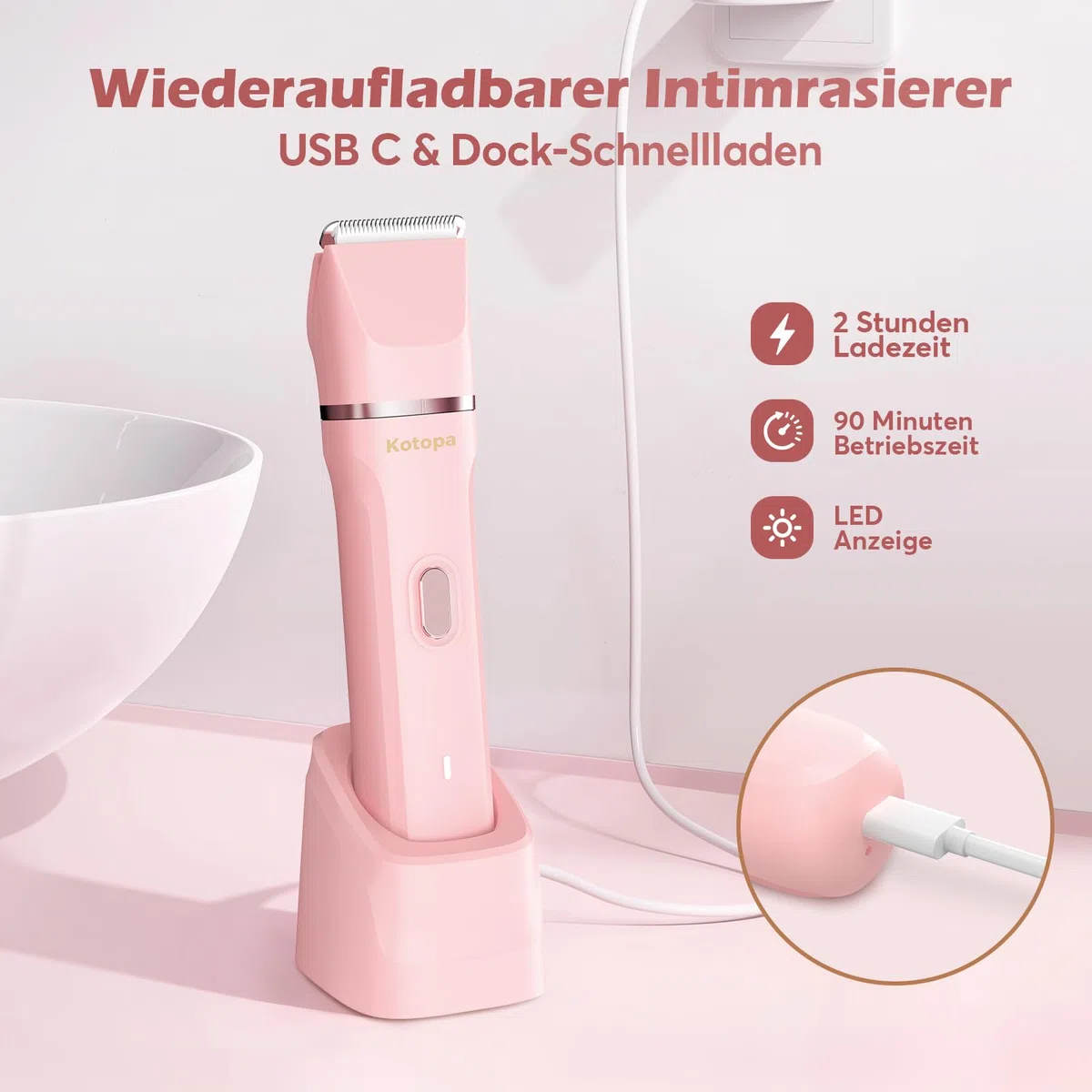Intimrasierer für Frauen, Elektrischer Rasierer Damen mit 3 Aufsätzen, kabelloser und wiederaufladbarer Trimmer Damen für Intimbereich, Gesicht und Beine, Hautschonend & sanft(Rosa)