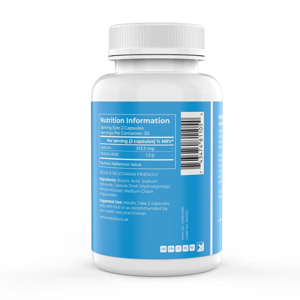 BodyBio Butyrate - Postbiotikum für Darmgesundheit, Verdauung & Blähbauch - Natrium- & Buttersäure-Komplex für ein Gesundes Darmmikrobiom 60 Kapsel