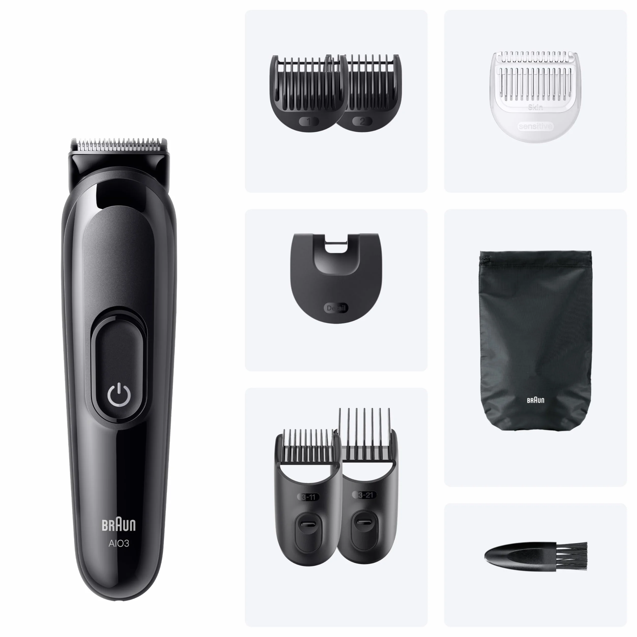 Braun All-In-One Trimmer-Set 3, 6-in-1 Multigroom, Barttrimmer, Haarschneidemaschine für Gesicht und Kopf, 50 Min. Akku, 14 Längen (3–21 mm), MGK3420, Schwarz