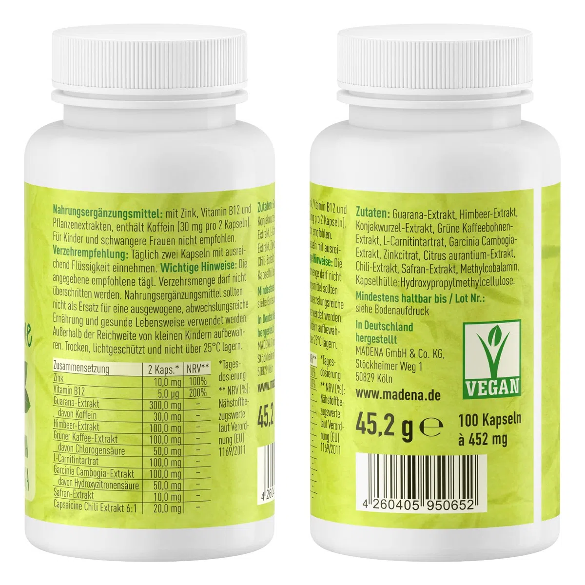MADENA Grüne Flamme | hochdosiert in Apothekenqualität | Grüner Kaffee Extrakt Guarana Konjakwurzel Garcinia Cambogia + Chili Extrakt L-Carnitin 100 Kaps.