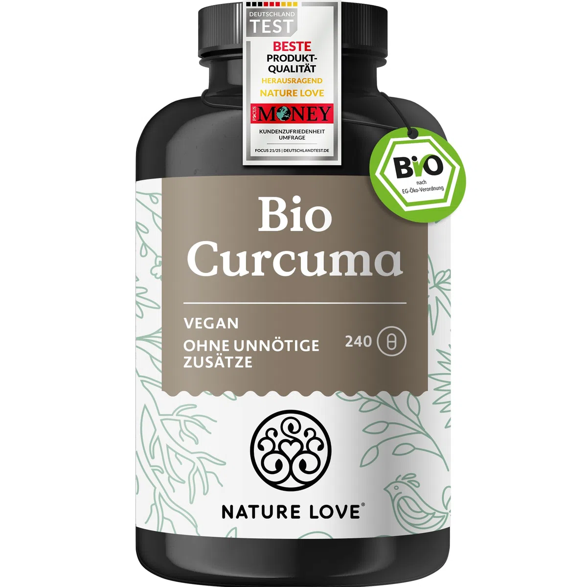 NATURE LOVE Bio Curcuma - 240 Kapseln - mit Curcumin aus Kurkuma und Piperin aus schwarzem Pfeffer - hochdosiert, vegan, laborgeprüft und in Deutschland hergestellt