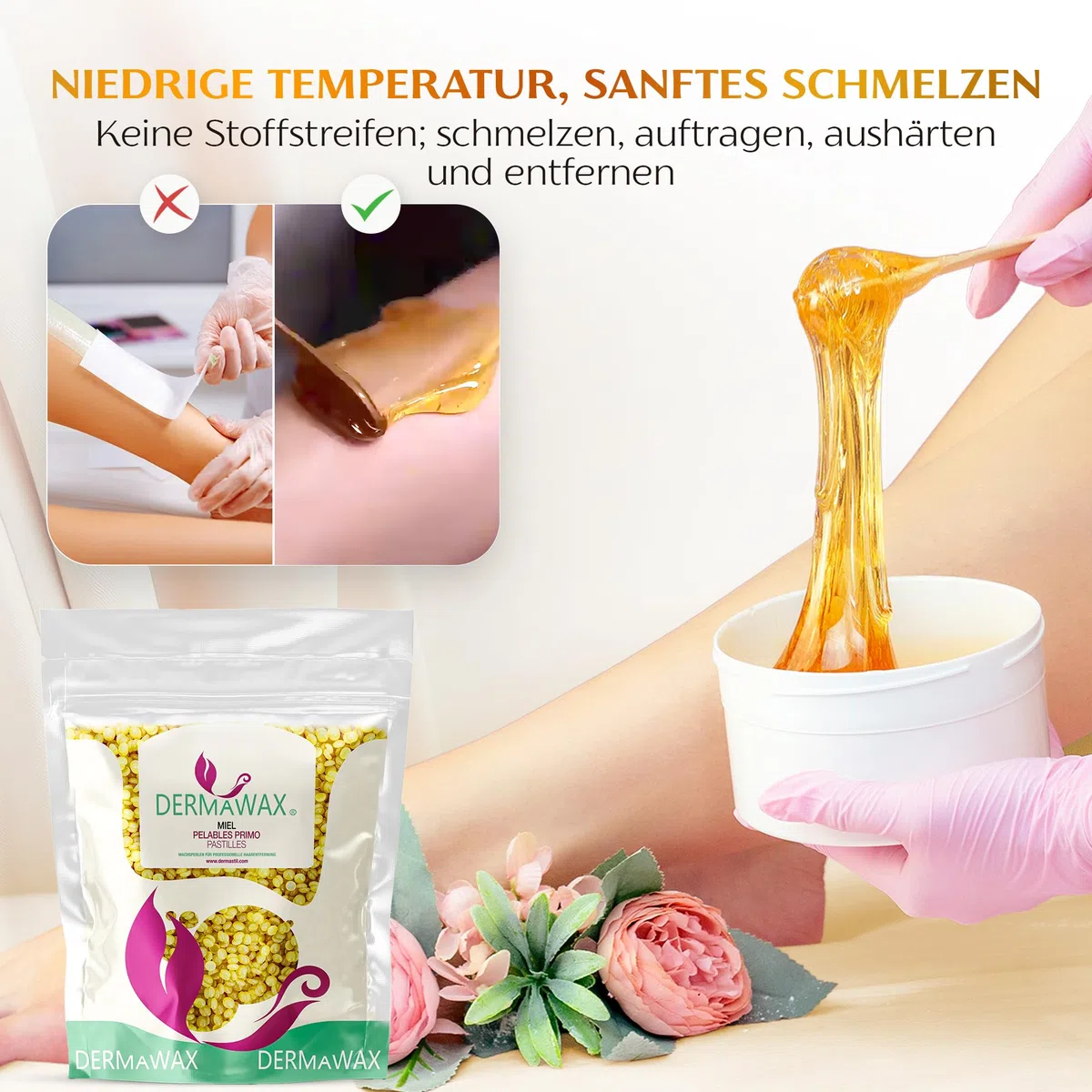Dermawax Crystal Honig Wachsperlen zur Haarentfernung 1kg – Sanftes Heißwachs für Gesicht, Beine, Achseln & Bikinizone – Warmwachs ohne Streifen – Professionelle Haarentfernung Made in Italy