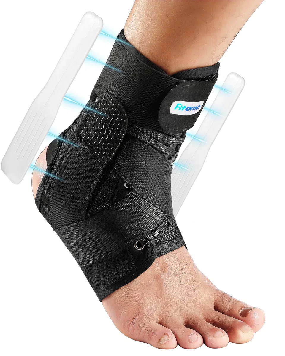 Fitomo Sprunggelenkbandage, Einstellbares Fußbandage mit Abnehmbarem Stabilisator, Fußbandage für Plantarfasziitis, Arthritis, ACL, Gelenkschmerzen, Fersensporn, Sport, 1 Stück