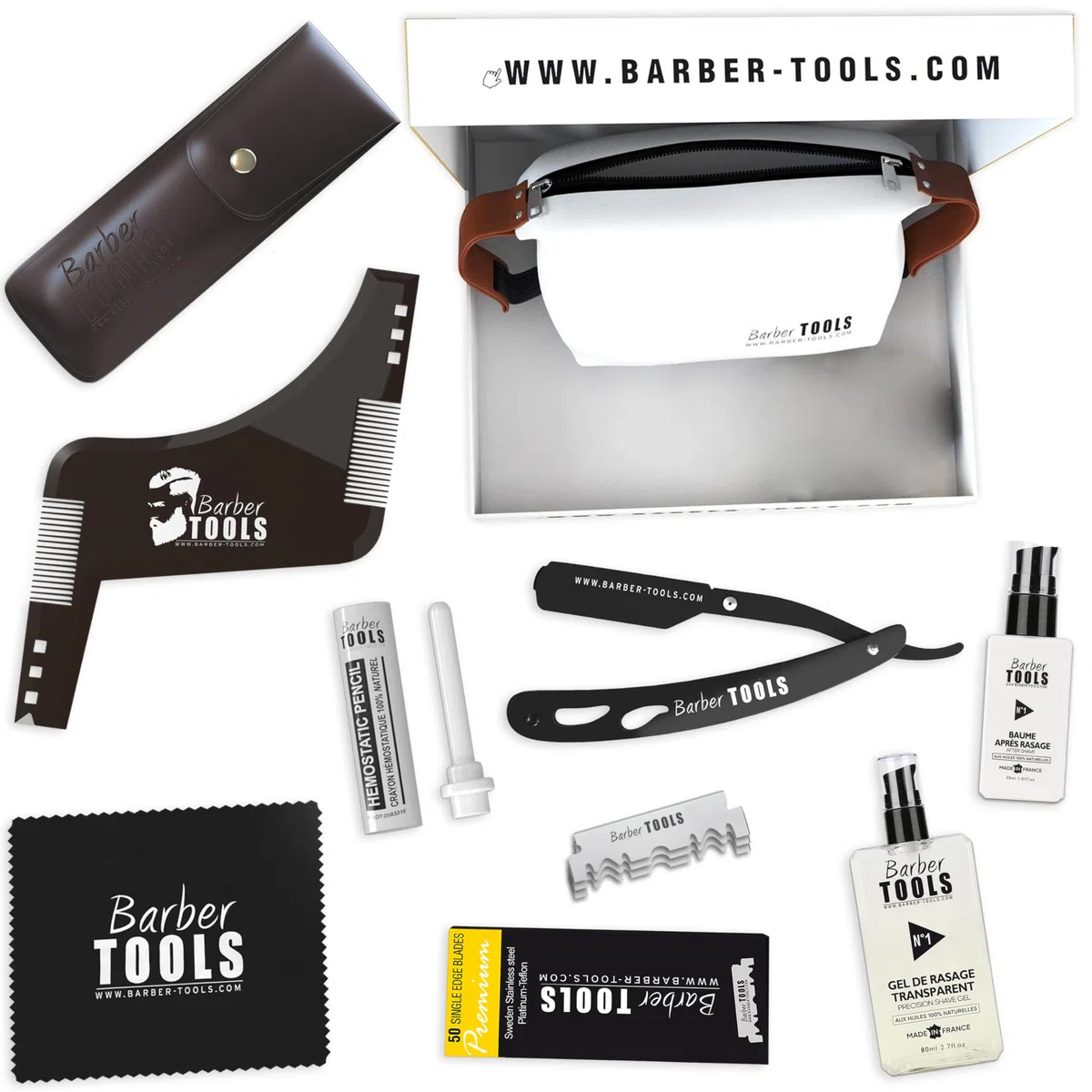 Bart-Rasier-Set für Männer/Bart-Rasiermesser - mit 50 Einzelklingen + Führungskamm + 80-ml-klarem Rasiergel + 30-ml-Aftershave + Alunstift + großer Beutel - SCHWARZ - BARBER TOOLS