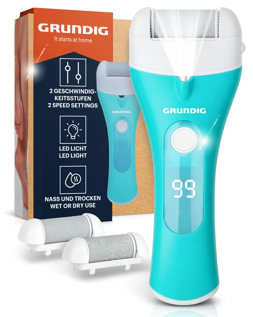 Grundig Hornhautentferner elektrisch Pro - schnell Hornhaut entfernen ohne Bücken - Premium Akku Hornhaut Entferner nass + trocken mit Arbeitslicht, 3 Fuß Rollen, wiederaufladbar (Gerät)
