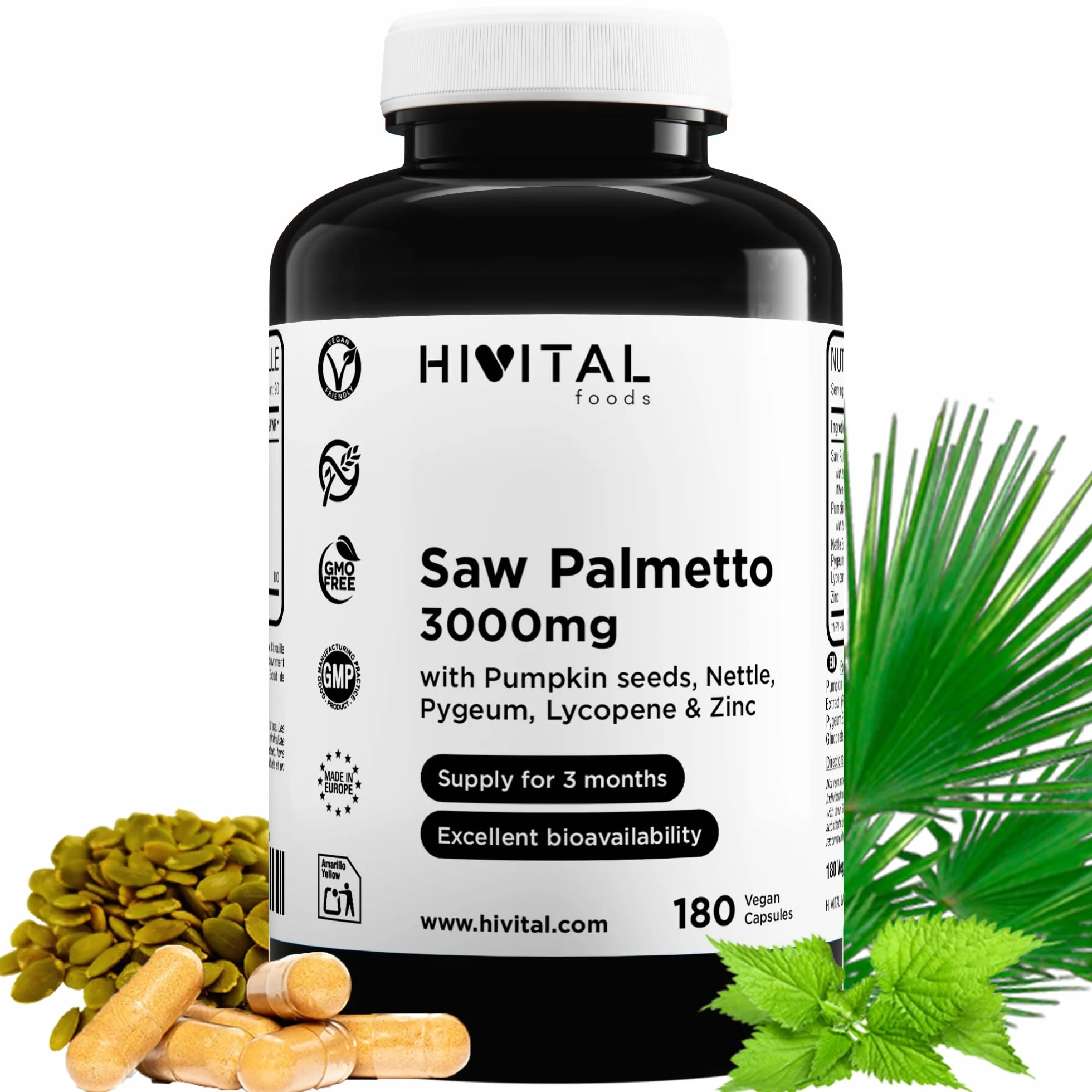 Saw Palmetto 3000 mg. 180 vegane Kapseln für 3 Monate. Mit Serenoa Repens (Sabal Serrulata), Kürbiskernen, Brennnessel, Pygeum Africanum, Lycopin und Zink. Hergestellt von HIVITAL