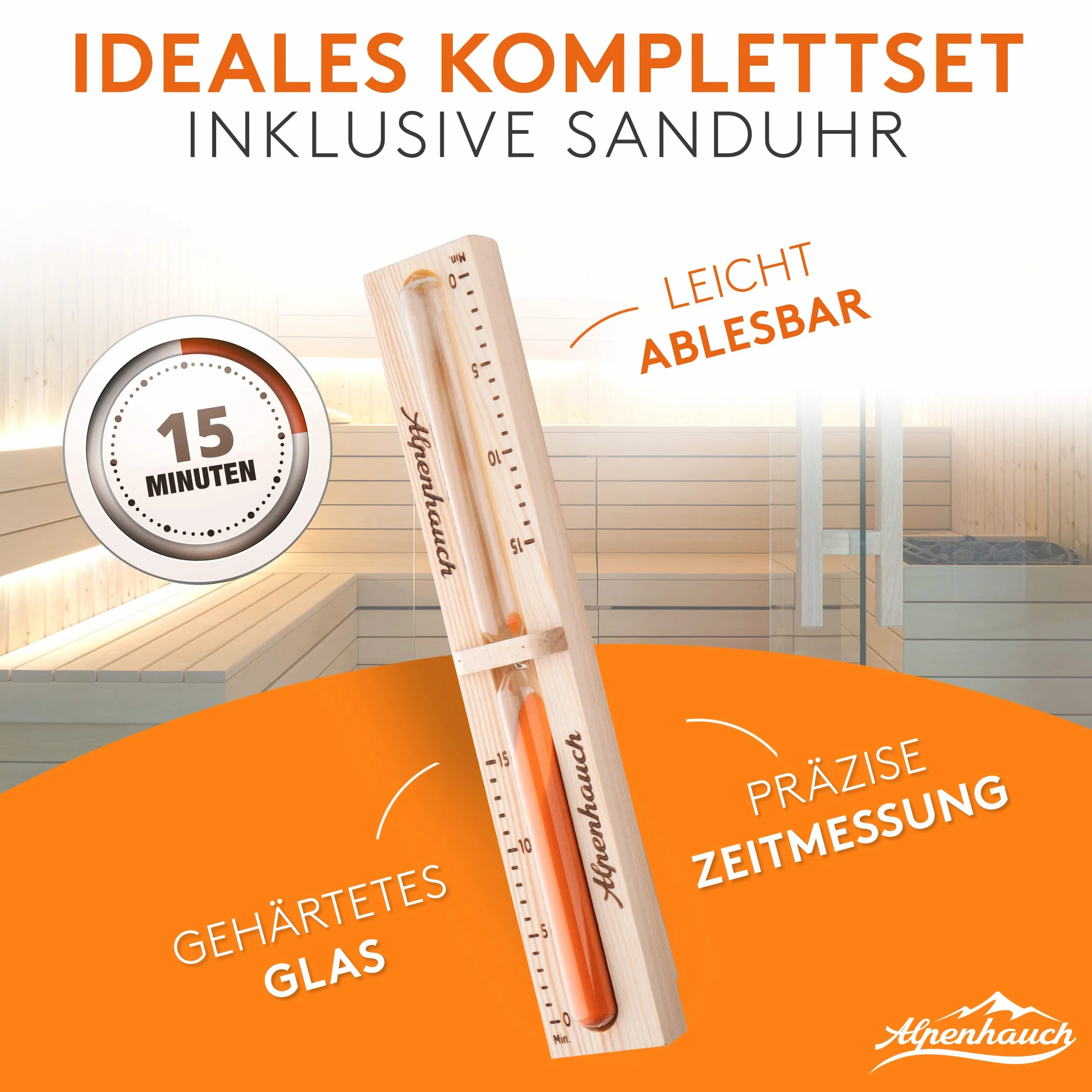 ALPENHAUCH Sauna Eimer mit Kelle [100% Naturholz] - Edles Saunakübel Set mit Sauna Sanduhr & Thermometer/Hygrometer - Langlebiges Sauna Zubehör - Aufgusseimer Set inkl. praktischem Sauna Büchlein