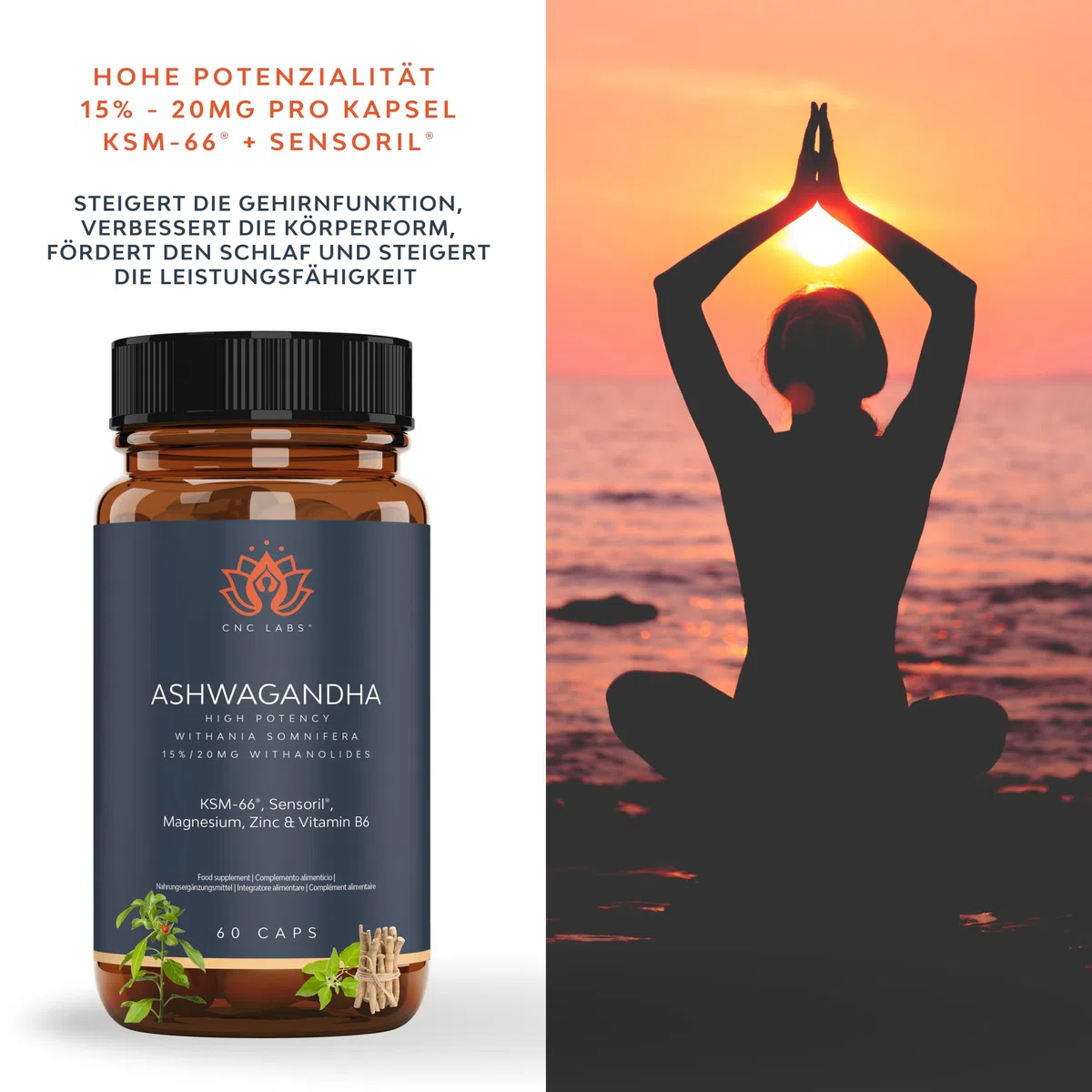 Ashwagandha KSM-66 Kapseln Hochdosiert mit Sensoril | für Cortisol Senken, Tiefschlaf, Wohlbefinden, Energie & Konzentration - 2 Monate Ashwagandha kapseln