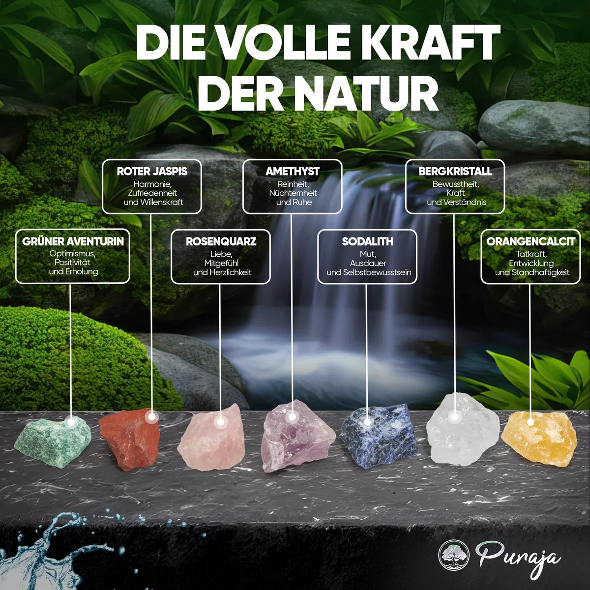 PURAJA Große Wasserstein Mischung | Premium Natursteine | Heilsteine Set mit den 7 beliebtesten Natursteinen | 300g Edelsteine für Trinkwasser | Wassersteine zur Wasseraufbereitung