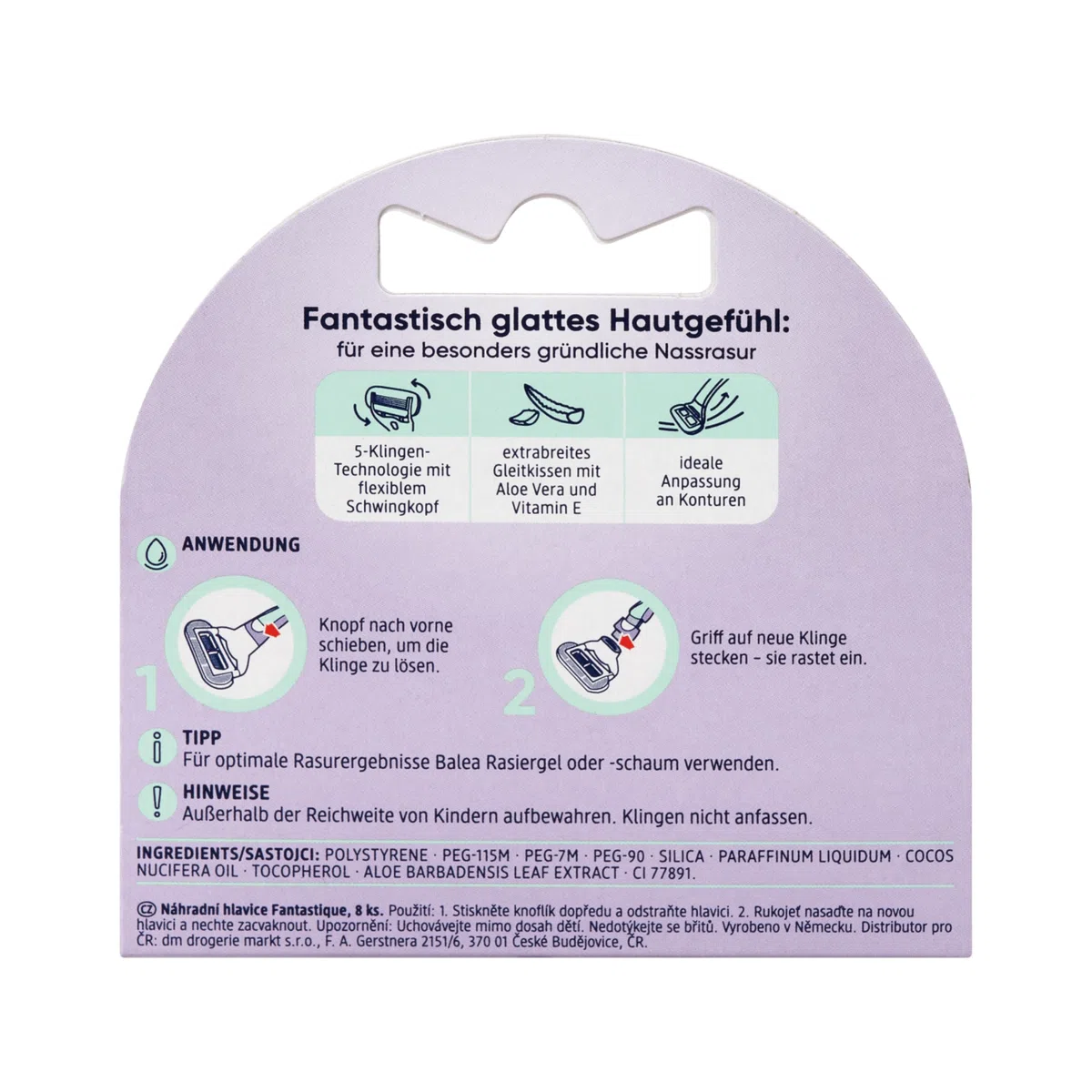 Balea Fantastique Ersatzklingen 8 Stück – Kompatibel mit allen Fantastique Rasierern – 5-Klingen-Technologie mit AloeVera & Vitamin E – Sanfte Rasur für Damen