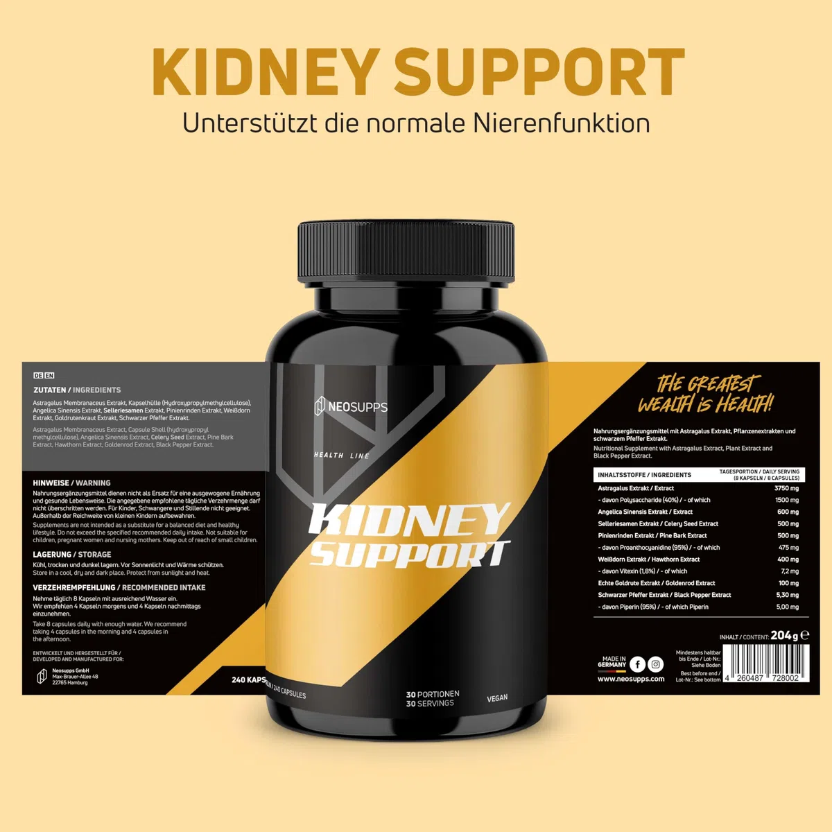 Neosupps Kidney Support, 240 Kapseln Vegan, Natürliche Nierenunterstützung Astragalus, Sinensis & Selleriesamenextrakt, Entgiftung, Harnwegsgesundheit & Zellschutz (240 Kapseln, Geschmacksneutral)