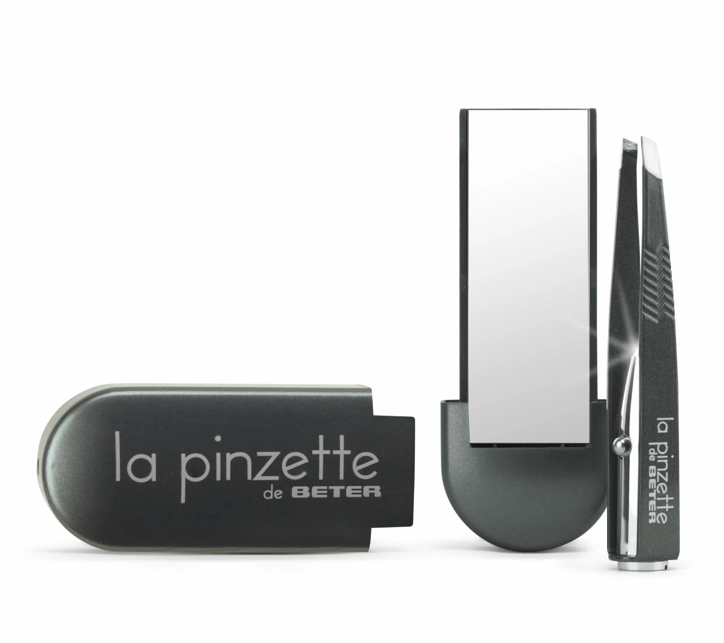 Beter – Pinzette für Augenbrauen mit LED-Licht, Schräger Spitze aus Edelstahl, Präzise Zupfen & Rechteckiger Spiegel, Kompaktes Etui für Unterwegs