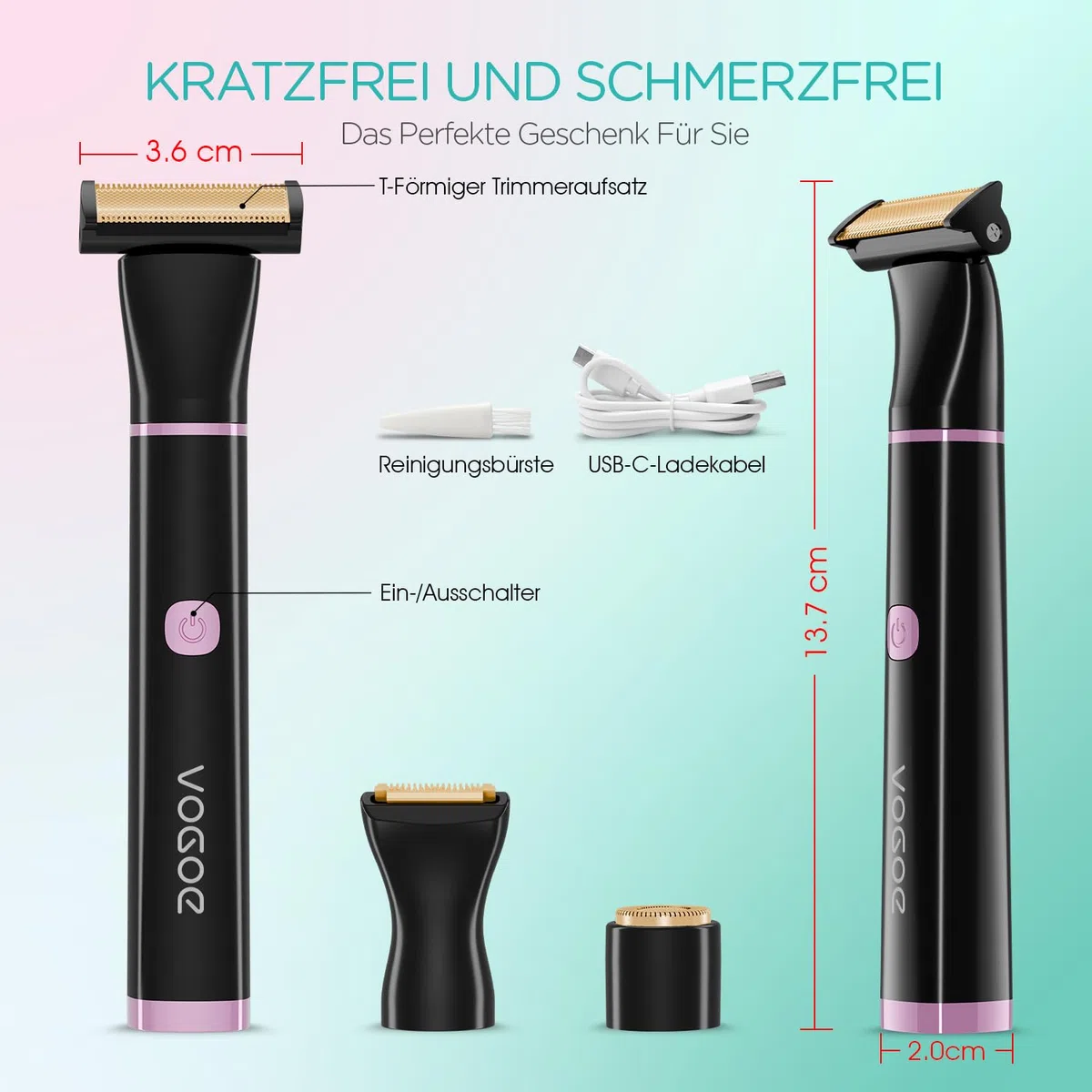 VOGOE Intimrasierer für Frauen, 3-in-1 Rasierer Damen Intimbereich für Körper, Gesicht und Bikini-Bereich, Elektrischer Rasierer Damen kabellos, kompakt und wasserdicht (Schwarz)