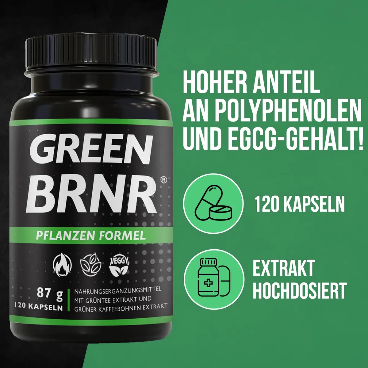 BRNR GREEN BRNR - Grüntee Extrakt hochdosiert 120 Kapseln mit extra viel EGCG + Polyphenole, Green Tea Kapseln, Grüner Kaffee Extrakt, 120 Kapseln