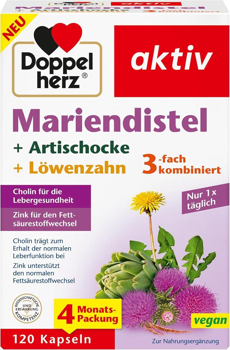 Doppelherz Mariendistel + Artischocke + Löwenzahn - Cholin trägt zum Erhalt der normalen Leberfunktion bei - 120 Kapseln