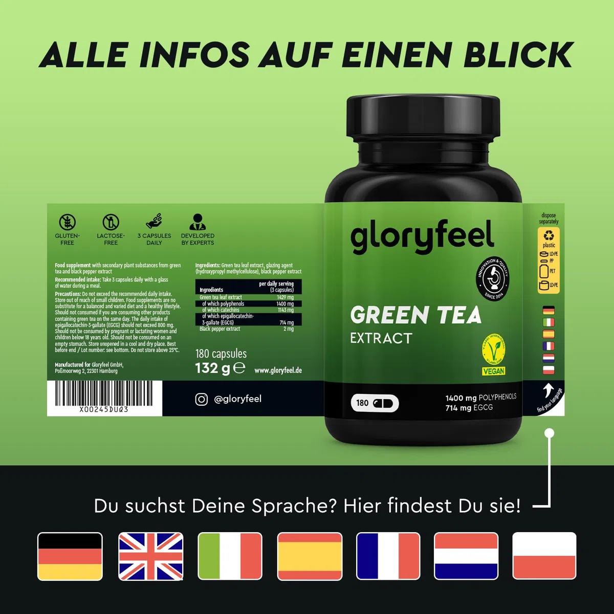 Grüntee Kapseln – 1429 mg Grüntee Extrakt mit 1400 mg Polyphenolen pro Tag – 714 mg EGCG – mit Schwarzem Pfefferextrakt – 180 vegane Kapseln für Sport & Wohlbefinden (3 Stück am Tag) – laborgeprüft