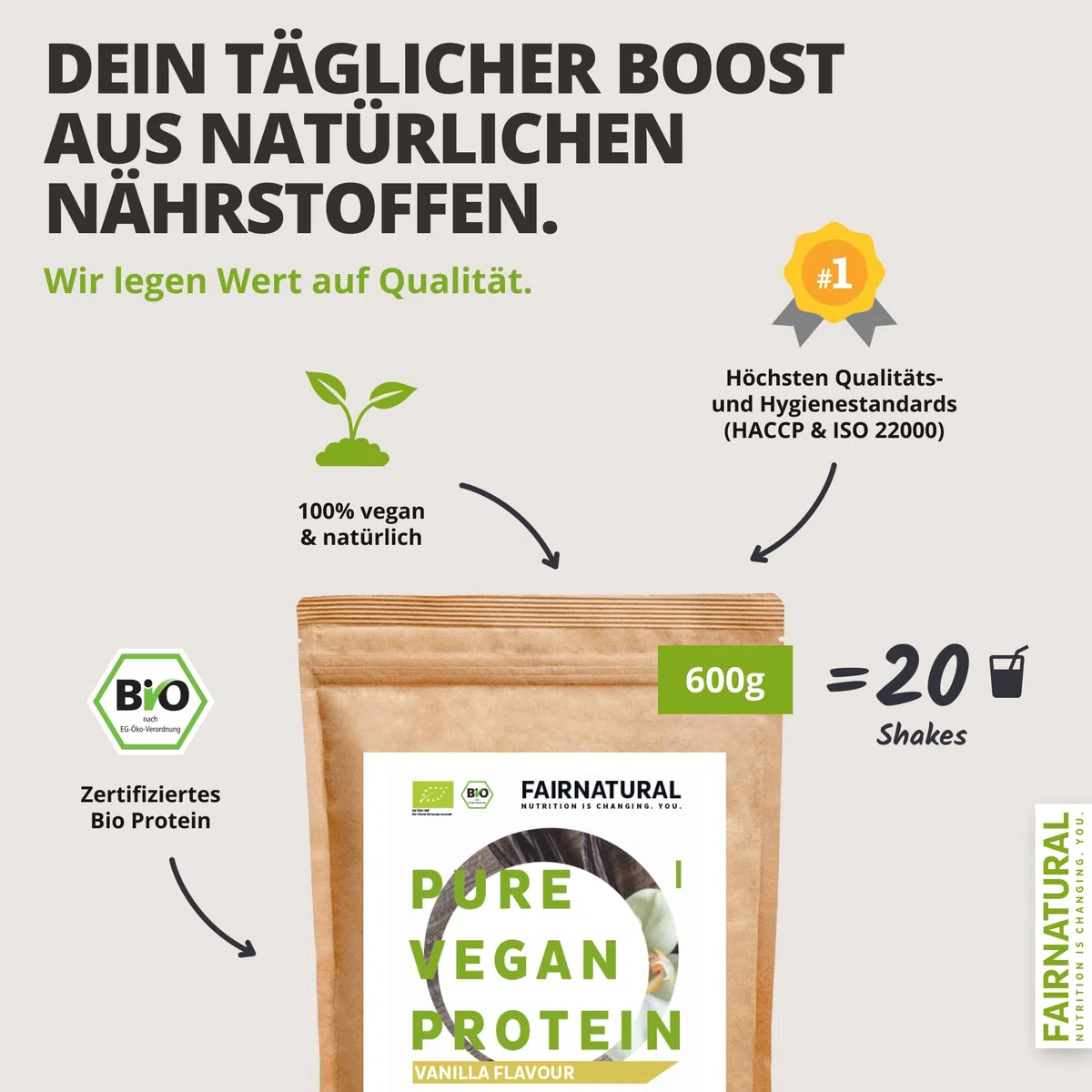 FAIRNATURAL Bio Veganes Proteinpulver Vanille ohne Soja [600G] 5K Protein Pulver Laktosefrei - Vegan Protein Powder - Pflanzliches Proteinpulver - Regional aus DE - Proteinshake Vegan - Eiweißpulver