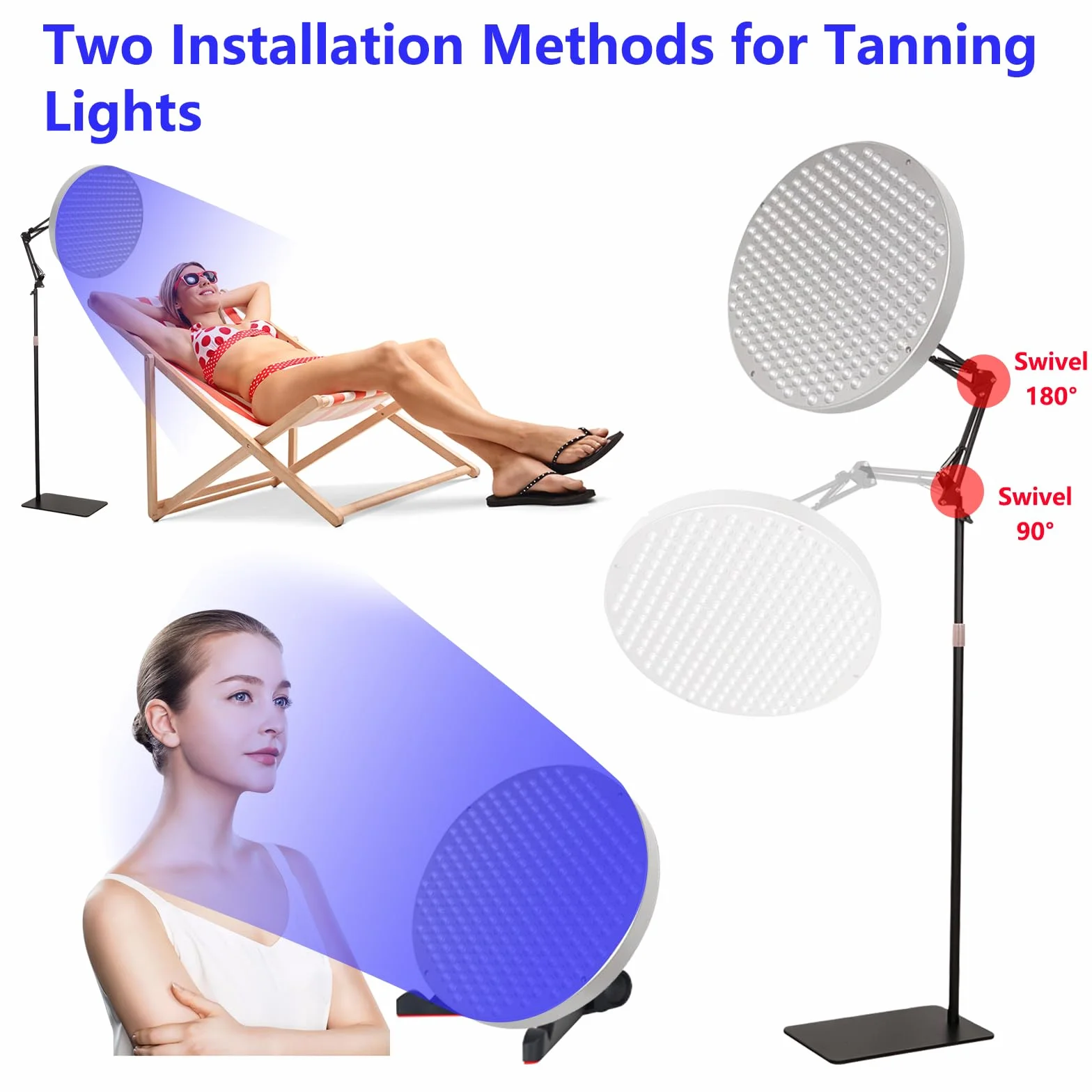 Solarium für Zuhause, 250 LED 460nm Blaues Licht Bräunungslampe Sonnenlampe Bräunungslampen, Halterung 360 Grad Verstellbar, Höhenverstellbar, Hause Tageslicht für Körper und Gesicht
