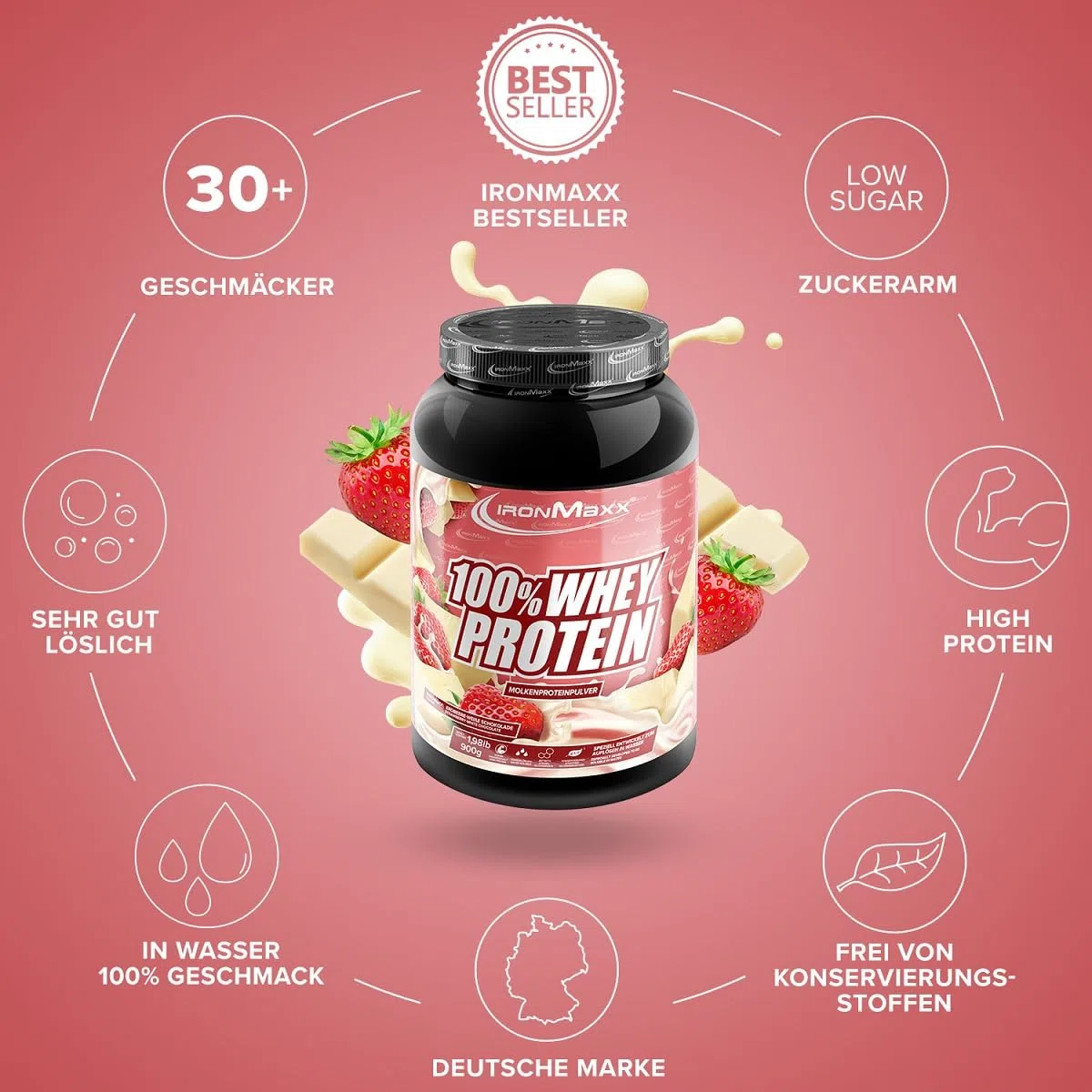 IronMaxx 100% Whey Protein Pulver 900g - Strawberry White Chocolate | Cremiger Eiweißshake mit BCAAs & EAAs | High Protein, Low Carb & zuckerarm | Ideal für Muskelaufbau & Fitness