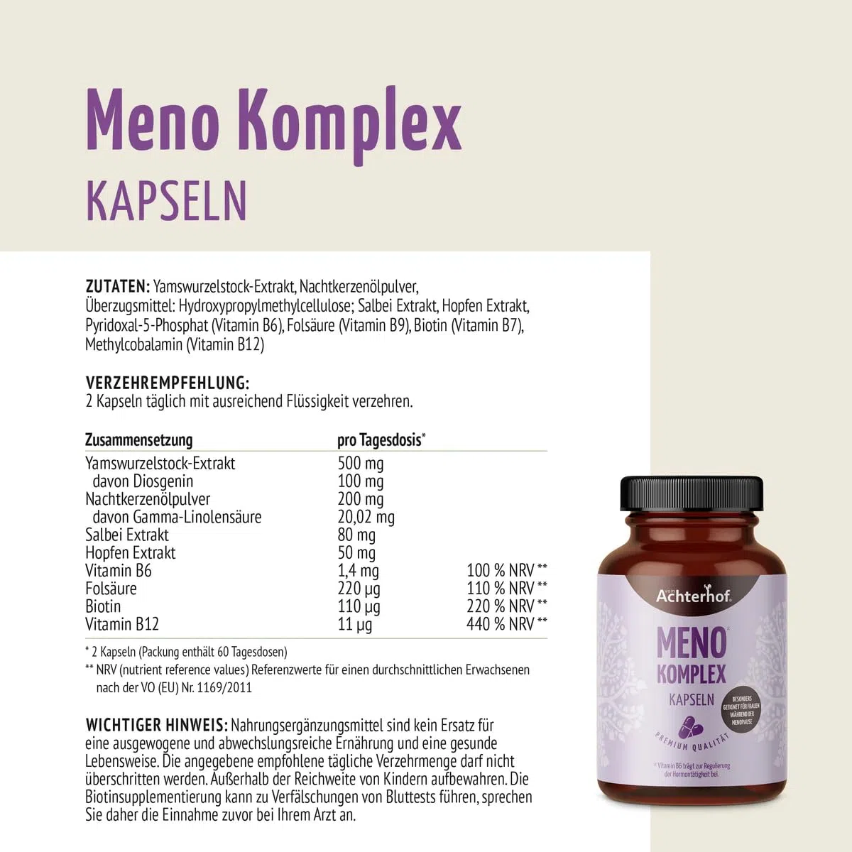 Meno Komplex Kapseln 120 Stück | mit Yams, Hopfen, Nachtkerzenöl und Salbei | Begleiter während der Menopause | Achterhof