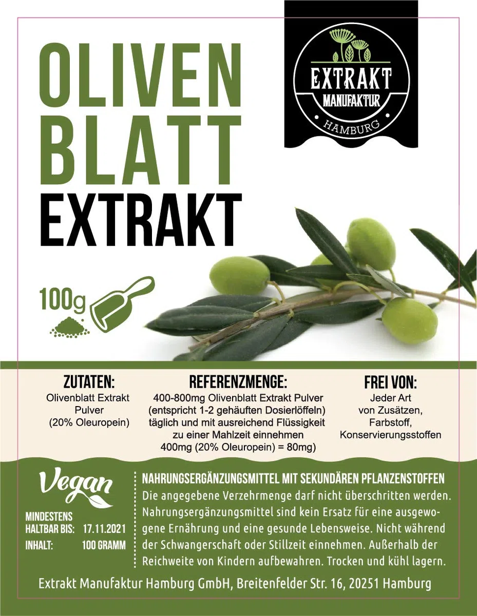 Olivenblatt EXTRAKT | 100g PULVER | olive leaf extract powder | naturrein - ohne Zusatzstoffe und laborgeprüft | hochdosiert, vegan & in Deutschland abgefüllt (Pulver 100g)