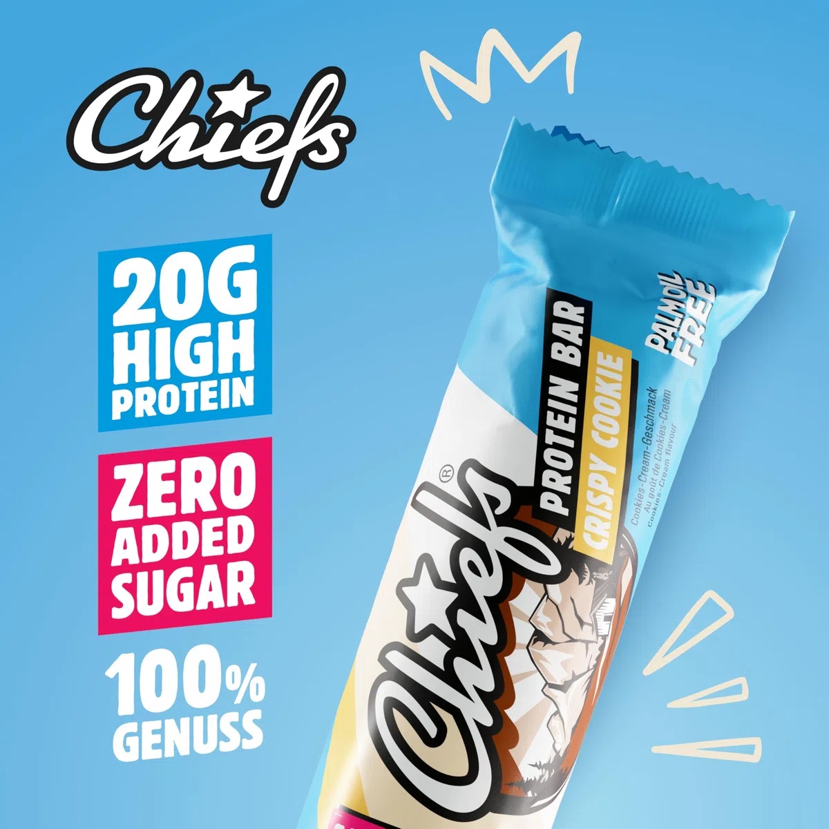 CHIEFS High Protein Riegel - knuspriger Crispy Cookie Geschmack - 12er Box - 20g Protein - perfekte Snacks ohne Zuckerzusatz - Low Sugar - 55g Eiweißriegel ohne Palmöl