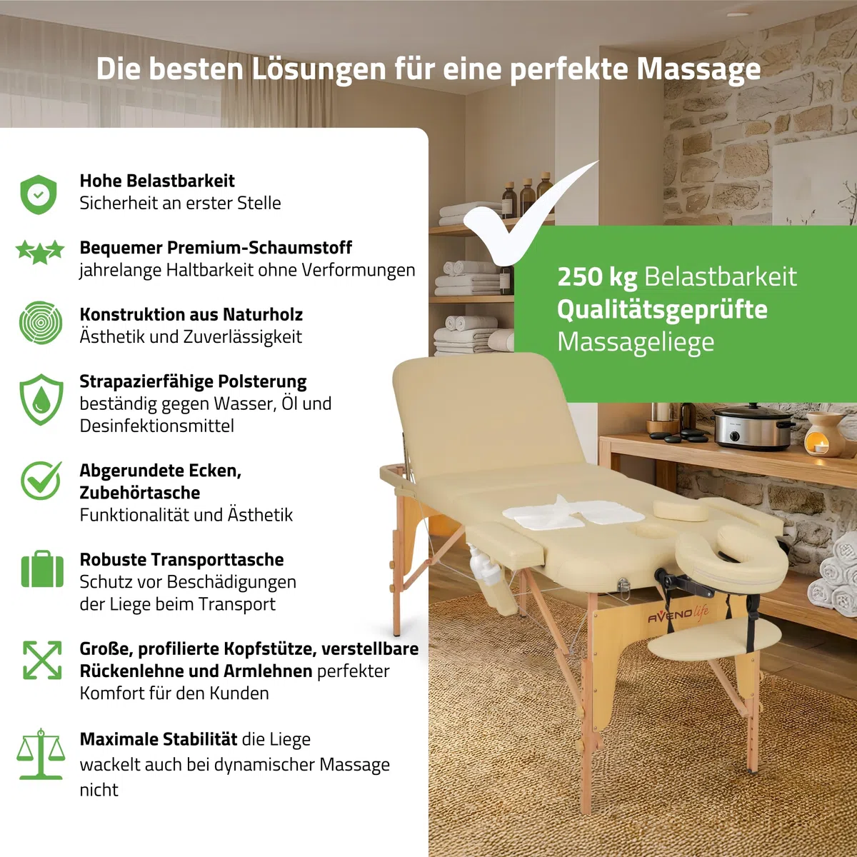 HABYS Mobile Massageliege Klappbar aus Holz 3 Zonen 185×70cm Verstellbare Rückenlehne 48° Massagetisch mit Kopfstütze Tragetasche bis 250 kg