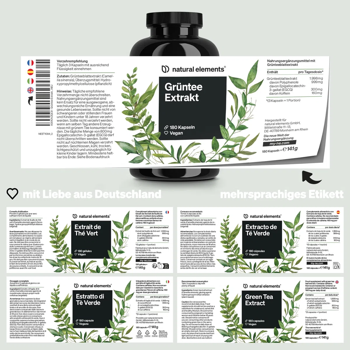 natural elements Grüntee Extrakt – 180 Kapseln – 1998 mg Grüntee Extrakt pro Tagesdosis – mit EGCG und Polyphenolen – vegan, hochdosiert, ohne unnötige Zusätze – laborgeprüfte Qualität