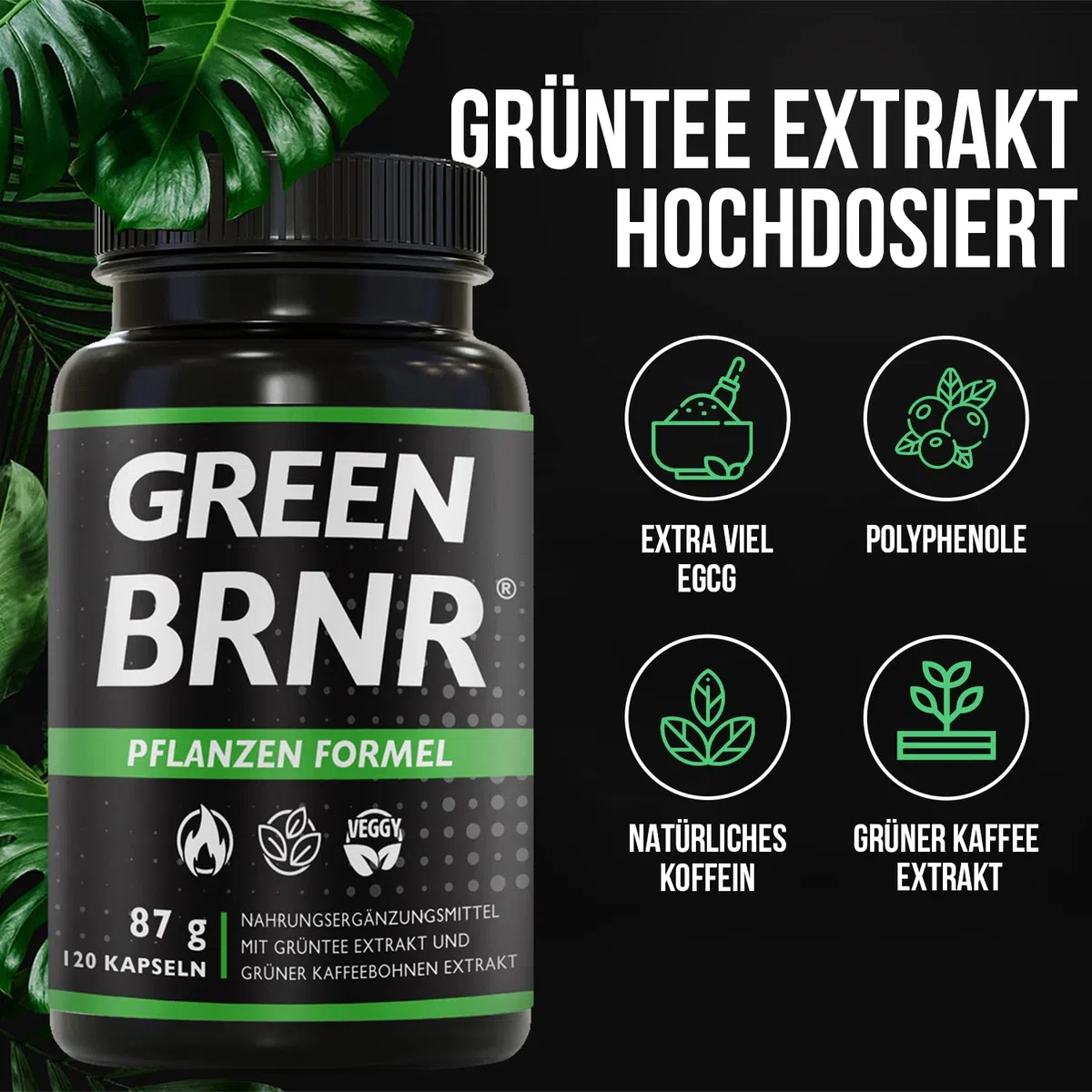 BRNR GREEN BRNR - Grüntee Extrakt hochdosiert 120 Kapseln mit extra viel EGCG + Polyphenole, Green Tea Kapseln, Grüner Kaffee Extrakt, 120 Kapseln