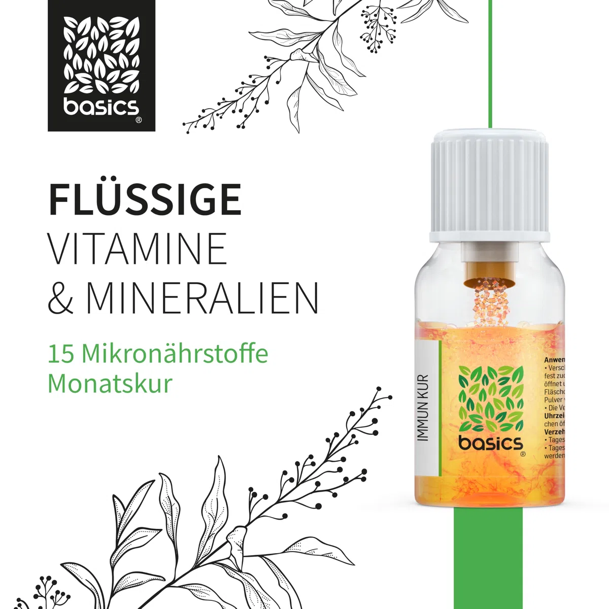 IMMUN KUR - Immunsystem stärken mit basics - Monatskur, 30 x 10ml Fläschchen - Hochdosiert, Kombination aus 15 Mikronährstoffen. Ohne unerwünschte Zusätze - Vegan - Laborgeprüft