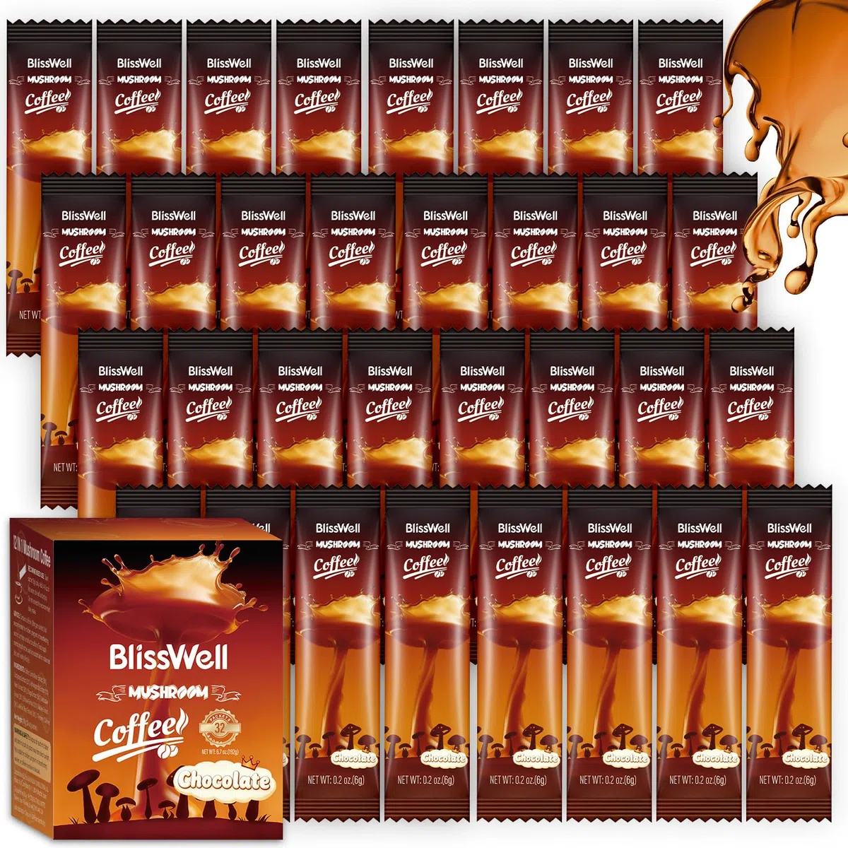 Pilzkaffee – Mushroom Coffee in 32 Einzeldosisbeuteln (192 g) | 7 Pilzextrakte + Ashwagandha, L-Theanin & Baldrian | 2250 mg Wirkstoffkomplex pro Portion (Schokolade)