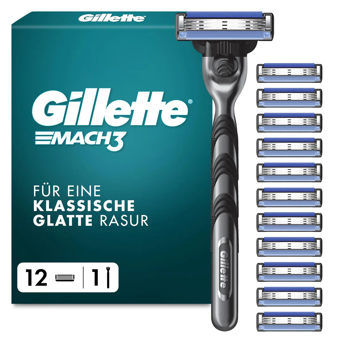 Gillette Mach 3 Standard Rasierer Herren, Metall, Grau/Schwarz - Herrenrasierer, Inkl. 1 Nassrasierer, 12 Rasierklingen mit Gleitstreifen Und Neuer Klingenbeschichtung für Weniger Hautirritation