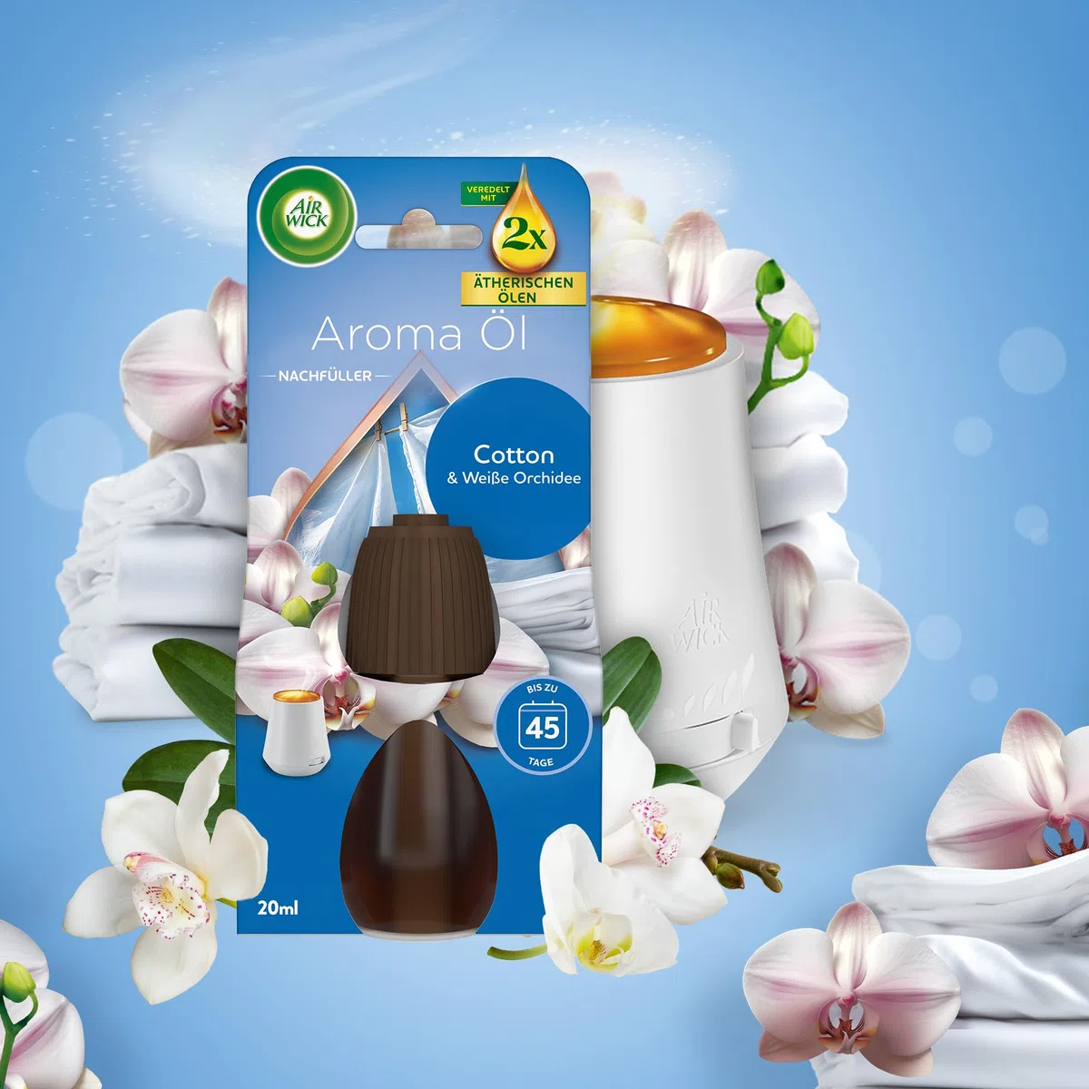 Air Wick Aroma-Öl – Vorteilspack – Nachfüllern mit ätherischen Ölen – Raumduft Cotton und Weiße Orchidee – 6 x 20 ml