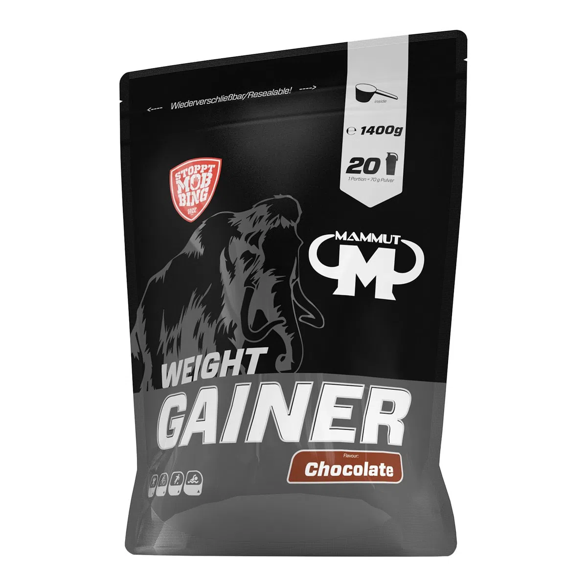 Mammut Nutrition Crash Weight Gainer Pulver Chocolate – 1400 g – 518 kcal/Shake für Gewichtszunahme – 80% Kohlenhydrate – 4-Komponenten Protein – Ideal für Ausdauer- und Leistungssportler
