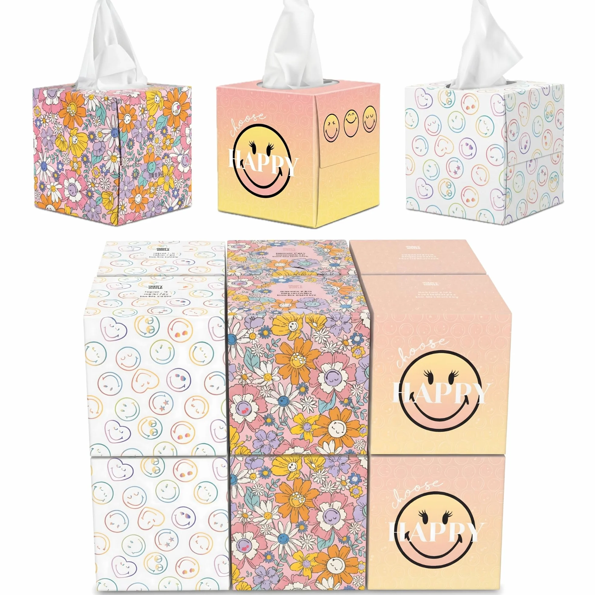 SMILEYWORLD Ultra Soft Taschentücher – 12 Würfelboxen x 48 Blatt (576 Blatt gesamt), 3-lagig – 3 Designs – Taschentuchbox für Zuhause & Büro (Braun, Rosa, Gelb, Weiß, mehrfarbig)