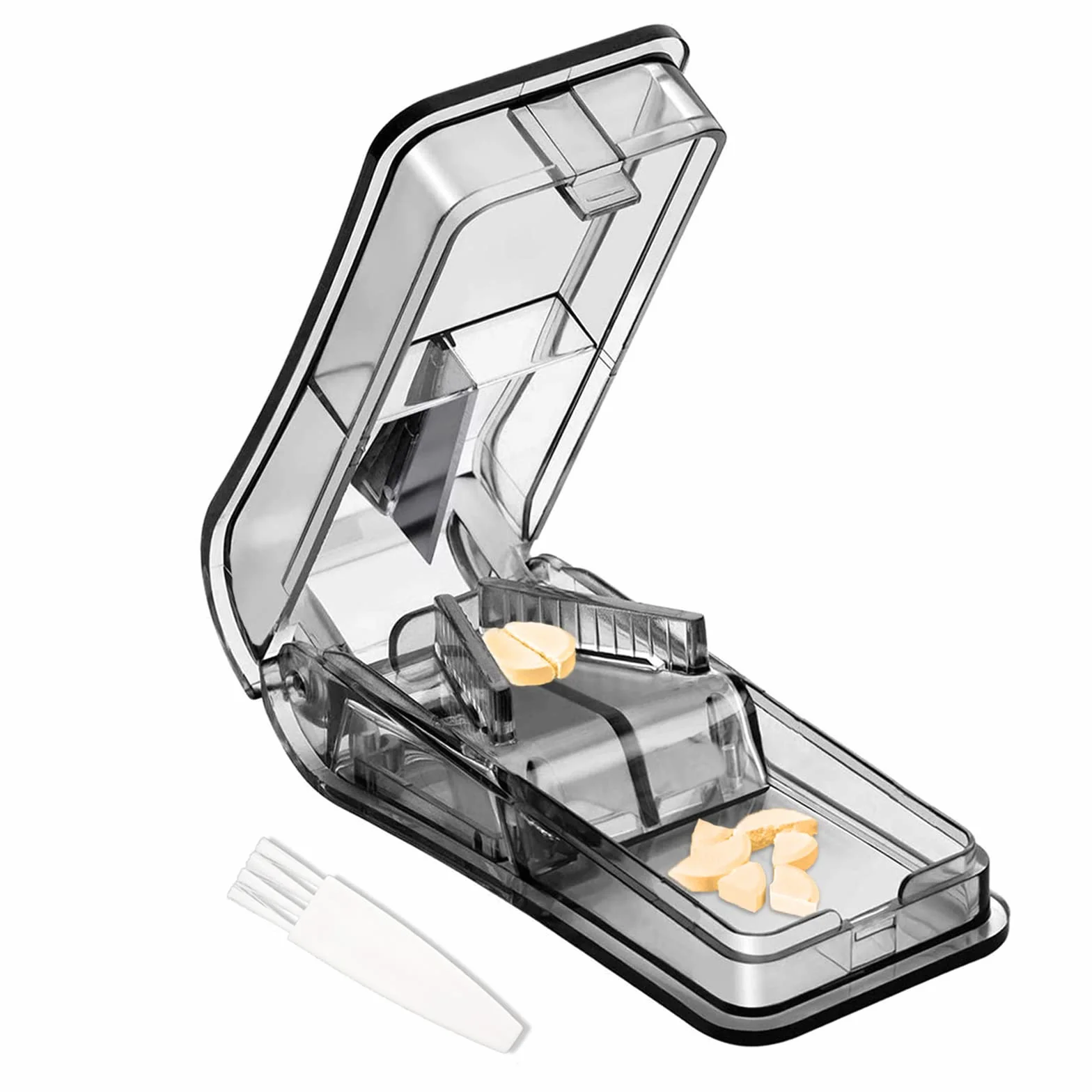 ILLUVA Tablettenteiler für Kleine und Große Tabletten, Pillenteiler mit Tablettenaufbewahrungsfach Für Tabletten in ein Halbes Viertel Schneiden (Schwarz)
