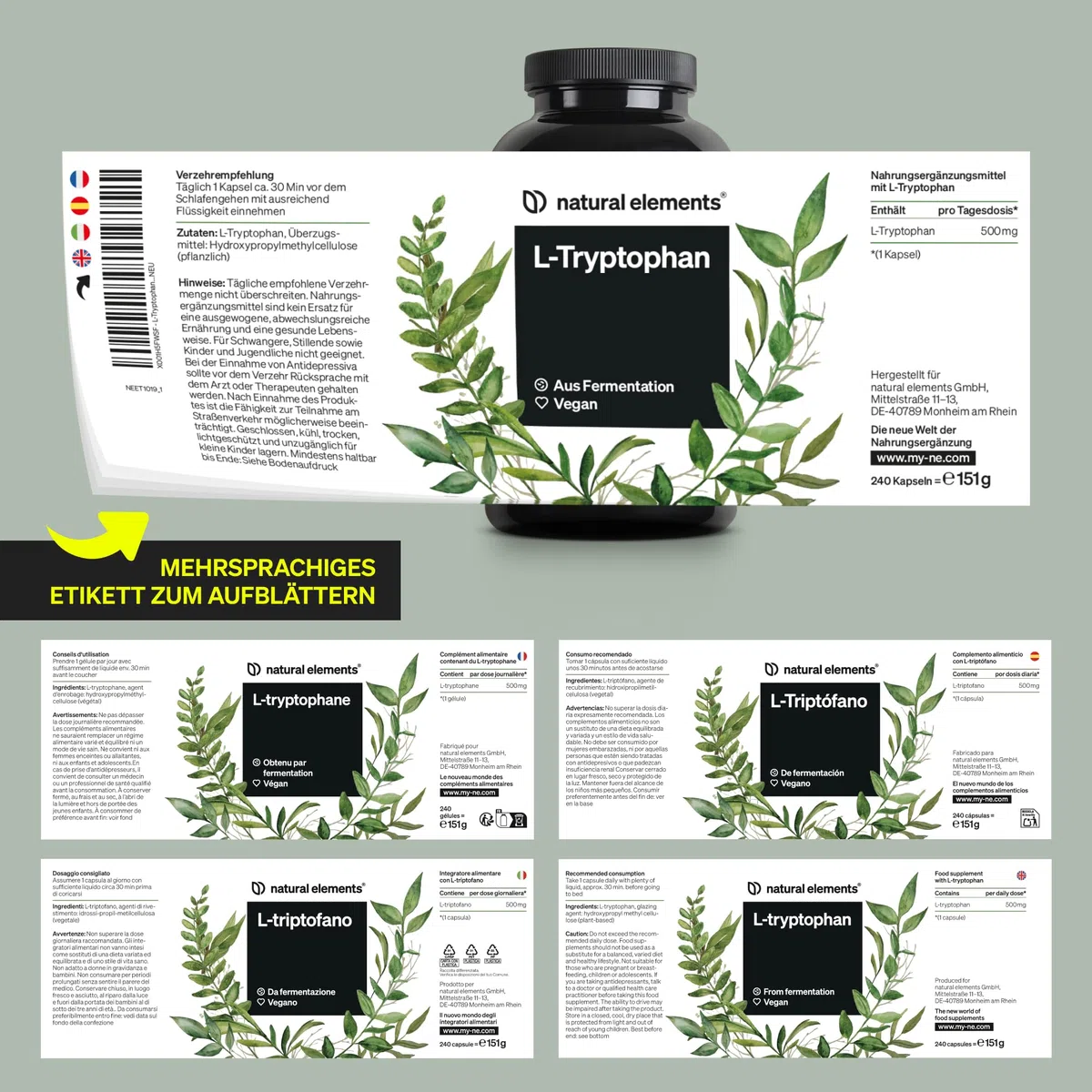 natural elements L-Tryptophan - hochdosiert mit 500mg je Kapsel - 240 vegane Kapseln - 8 Monate Reichweite - Aus pflanzlicher Fermentation - Laborgeprüft, ohne unerwünschte Zusätze, vegan