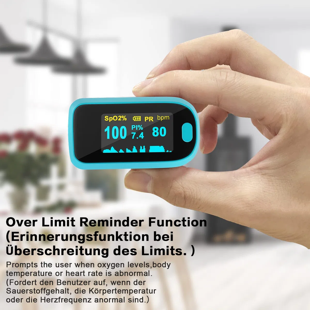 MOMMED Pulsoximeter, Sauerstoffsättigung Messgerät Finger, Fingerpulsoximeter mit Alarm zur Messung der Sauerstoffsättigung (SpO2), Pulsmesser für Kinder & Erwachsene, OLED Anzeige die sich mitdreht