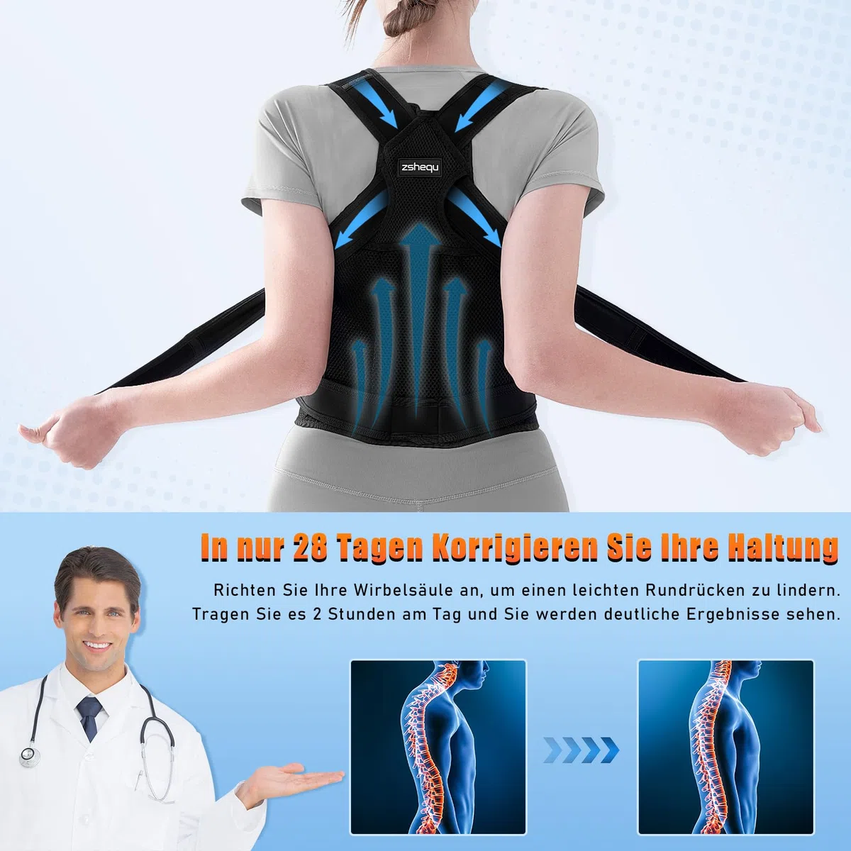 Rücken Geradehalter Rückenstützgürtel Haltungskorrektur Damen: Haltung Korrektur Gurt für Herren - Verstellbare Back Support Corrector - Haltungstrainer Rückengurt für Schulter Nacken - Schwarz L